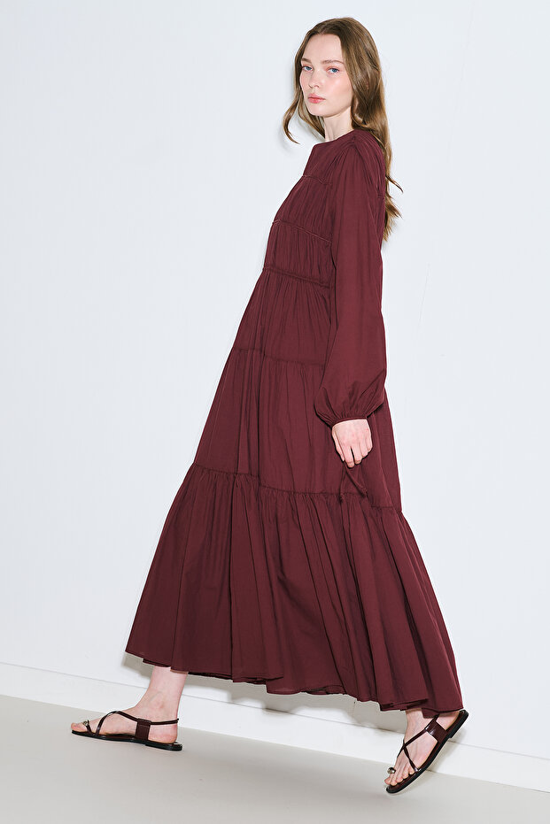 Ruched Long Sleeve Dress Bordeau