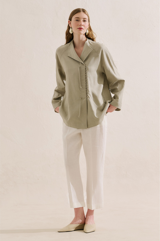Linen Mixed Tunic with Binding Design, Sand Color