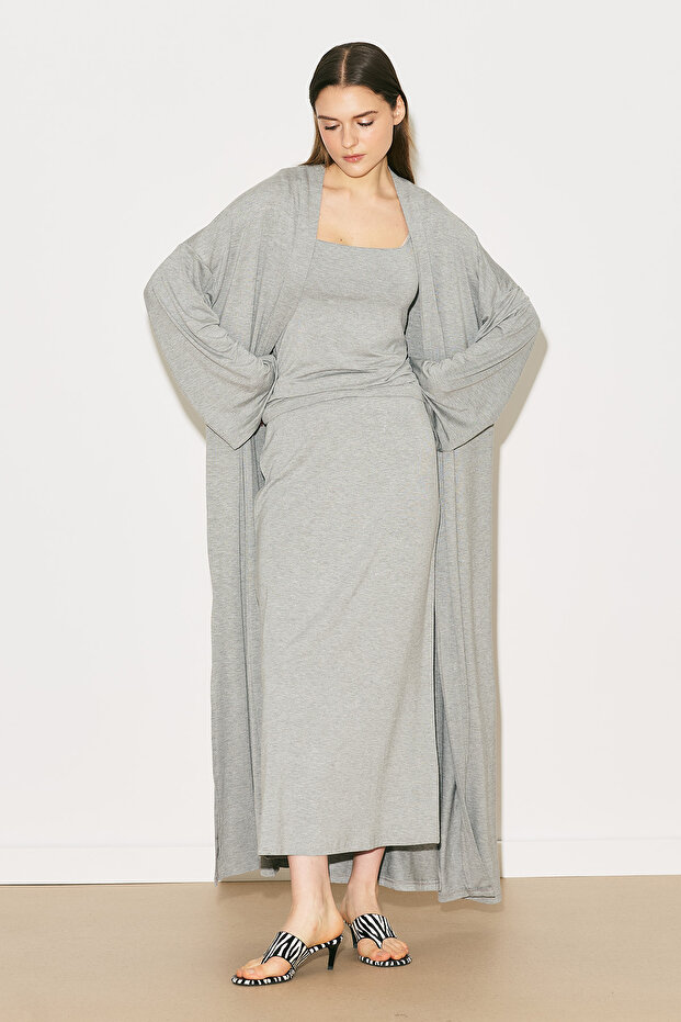 Easy Comfortable Long Kimono Grey Melange
