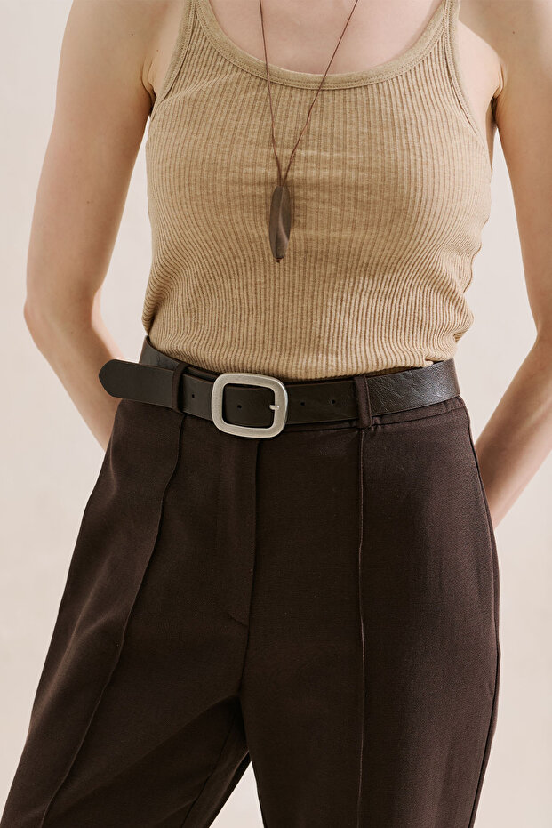 Silver Buckle Leather Belt Dark Brown