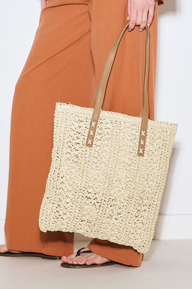 Patterned Wicker Shoulder Bag Beige