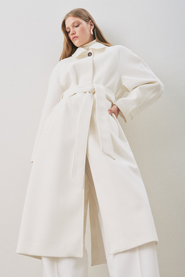Premium Kaşe Long Coat Ecru