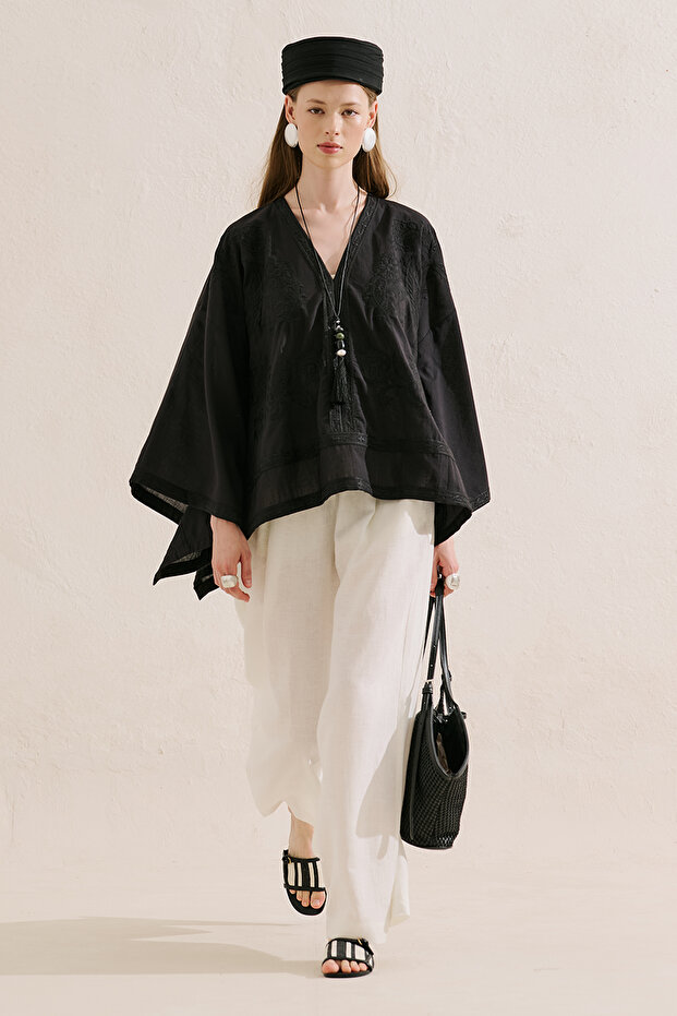 Embroidered Premium Cape Blouse Black