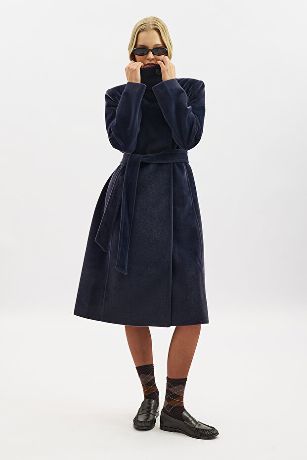 Premium Kaşe Trench Designed Coat Navy Blue