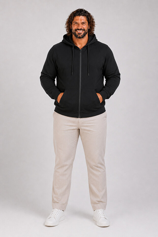 Large Size Basic Seasonal Zippered Hooded Sweat 22751 Black