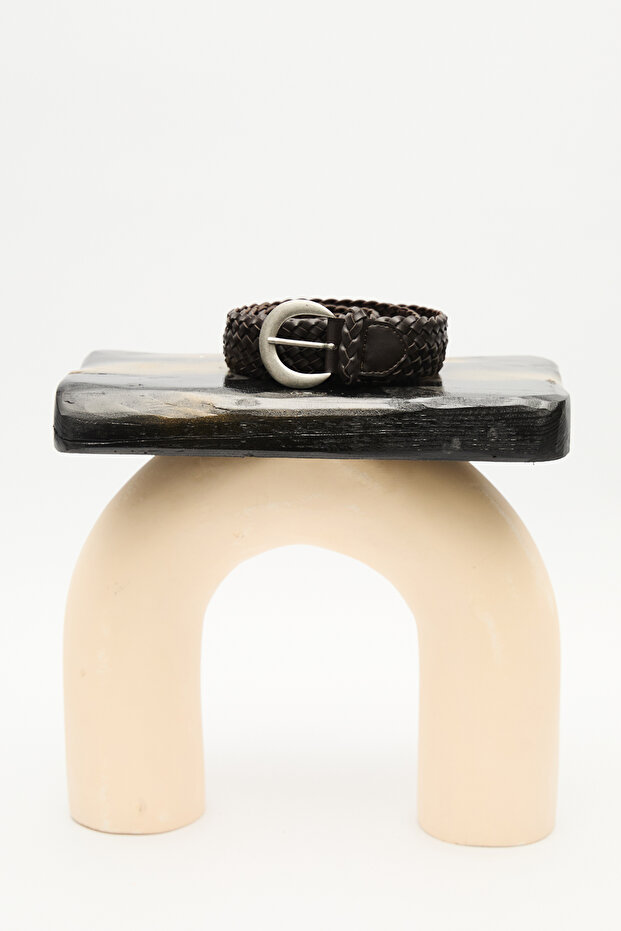 Braided Leather Buckle Belt Brown