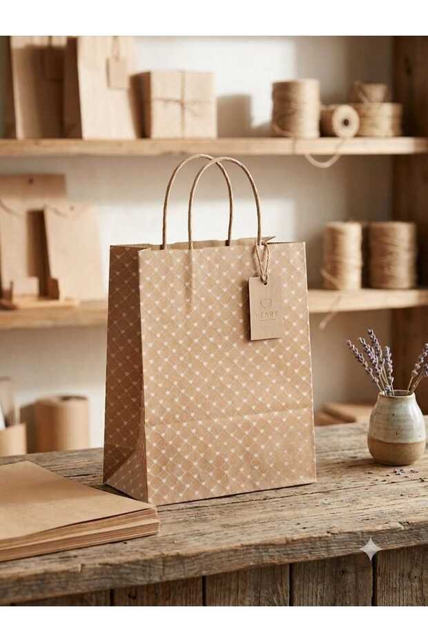 25 Pieces of Small Heart-Patterned 18*8*24 Kraft Bags (Excluding Labels and Cords)