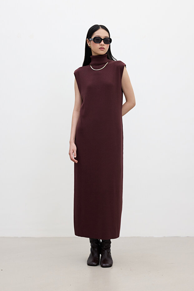 Sleeveless High Collar Knitting Dress Claret Red