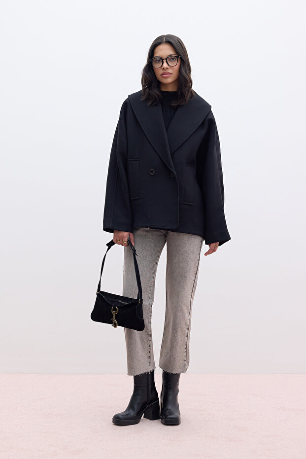 Italian Checked Double-Breasted Coat Black
