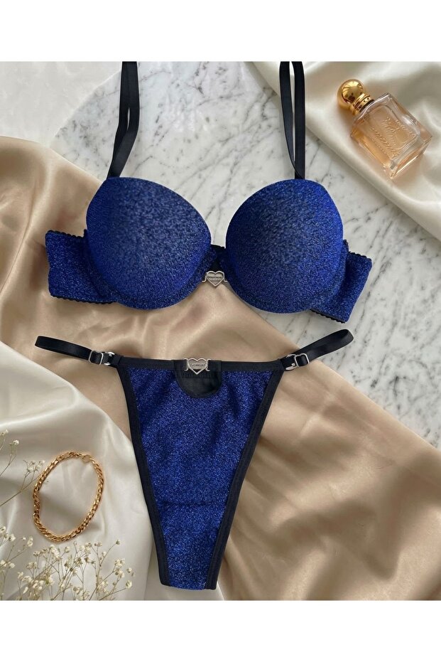 Glittery Navy Blue Supported Push up Bra Panty Set Underwear Set with Heart Accessories