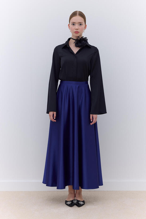 Saten Flared Evening Dress Skirt Dark Blue
