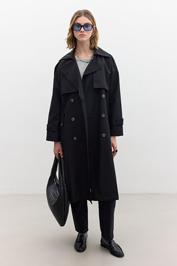 BUTTONED DOUBLE-BREASTED TRENCH COAT BLACK