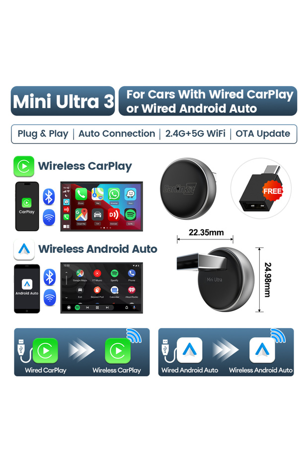 Brands Genuine Mini Ultra 3 Mini Ultra 3 CarlinKit 5.0 Wireless Adapter Wireless CarPlay Android Aut