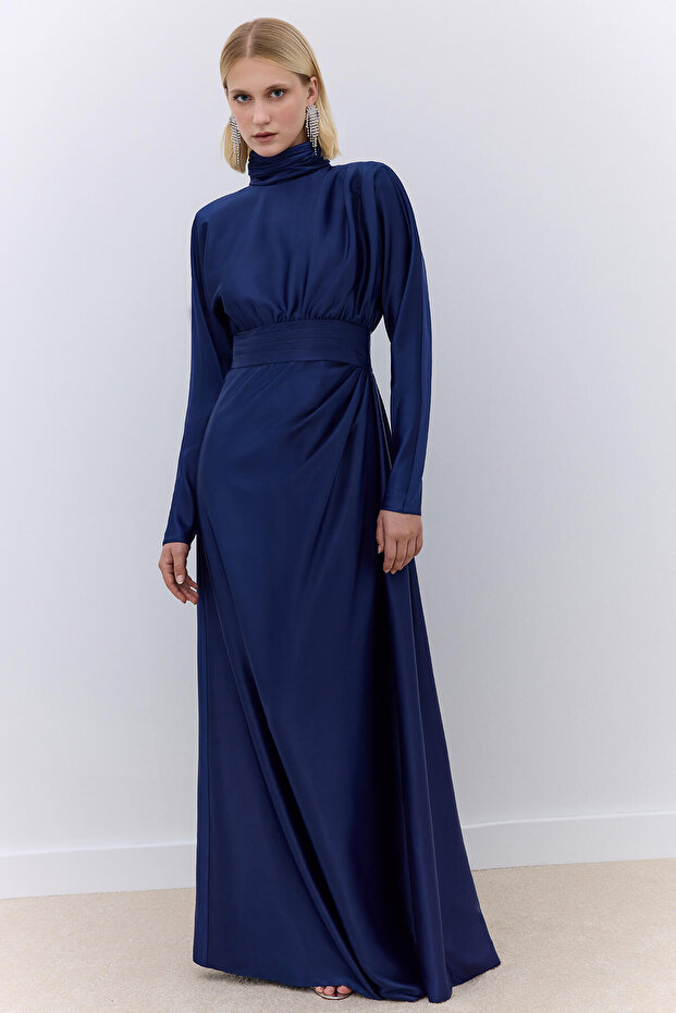Satin Shoulder Drapeled Evening Dress Navy Blue