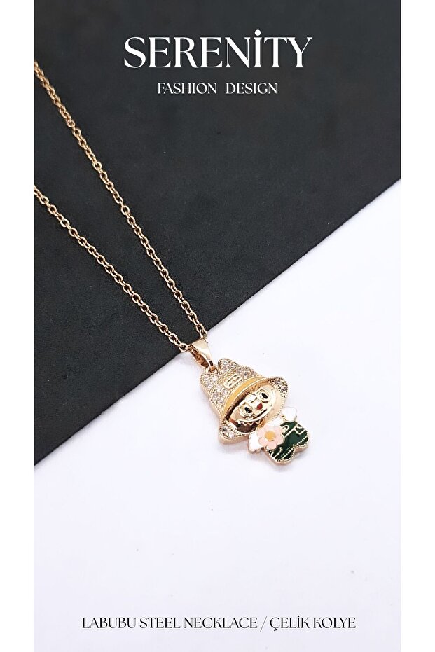 Colorful Enamel Zircon Stone Labubu Steel Necklace