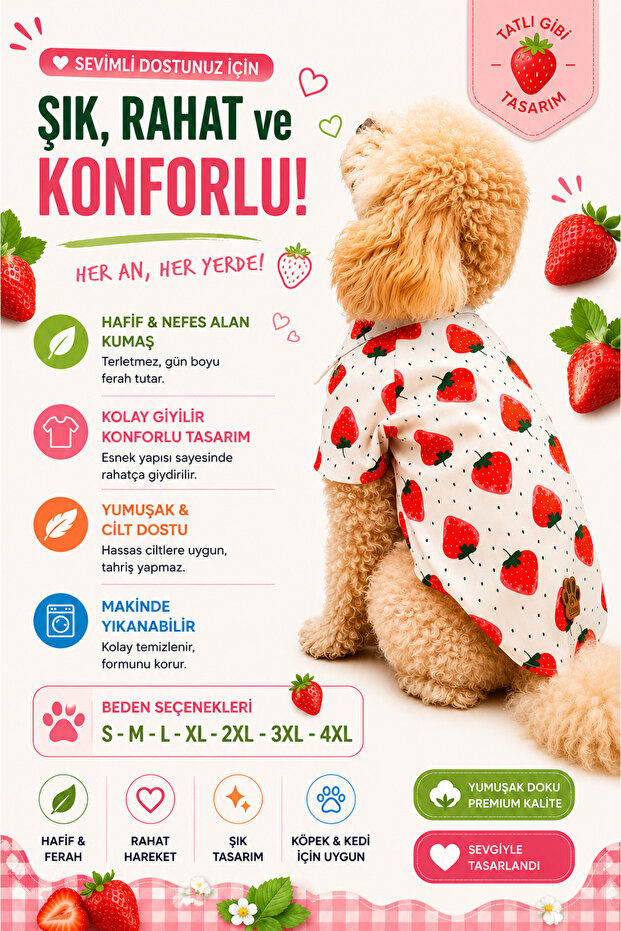 Cat Dog Outfit Shirt Strawberry Patterned Cotton Design Fabric Spring Summer