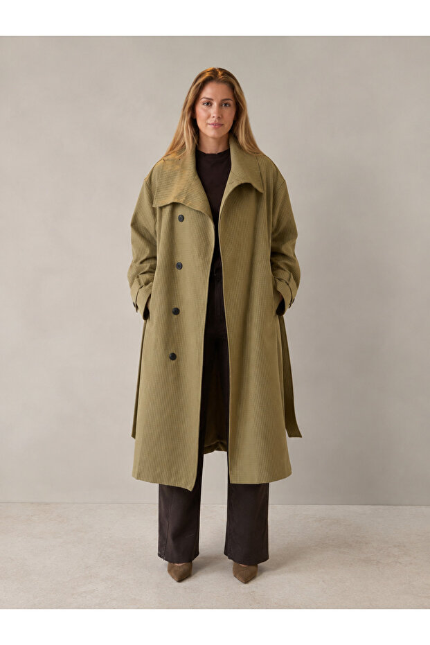 Checkered Double-Breasted Oversize Trench Coat