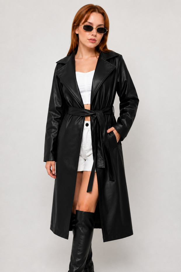 Belted Buttonless Black Faux Leather Long Trench Coat