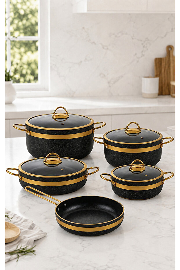 9 piece gold line granite pot and pan set