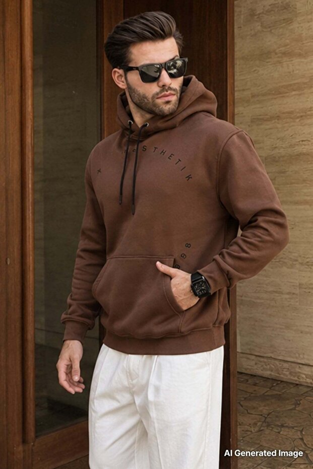 Brown Hooded Pocket Detailed Embroidered Men's Sweatshirt 7054