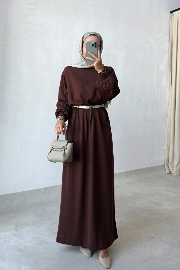 Balloon Sleeve Mercerized Hijab Dress - Brown