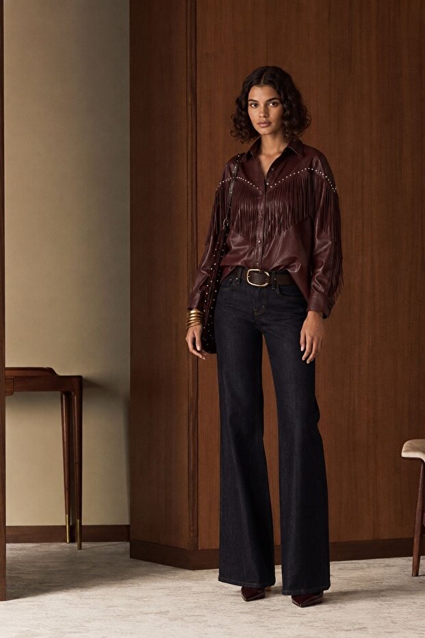 Droplu Tasseled Faux Leather Shirt - Plum | F2043 - Plum