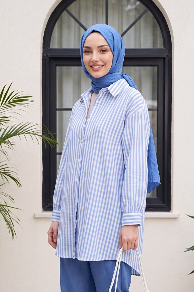 Striped Linen Look Shirt with Buttons - Blue