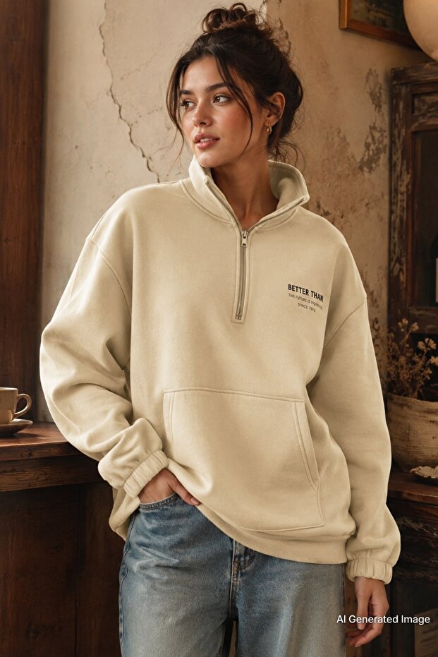Beige Stand Collar Zippered Women's Sweatshirt MG1935