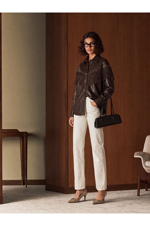Droplu Tasseled Faux Leather Shirt - Brown | F2043 - Coffee