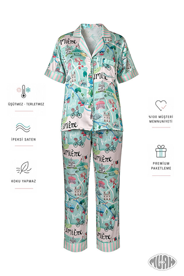 Paris Morning Women's Satin Pajama Set City Patterned Short Sleeve Mint Green