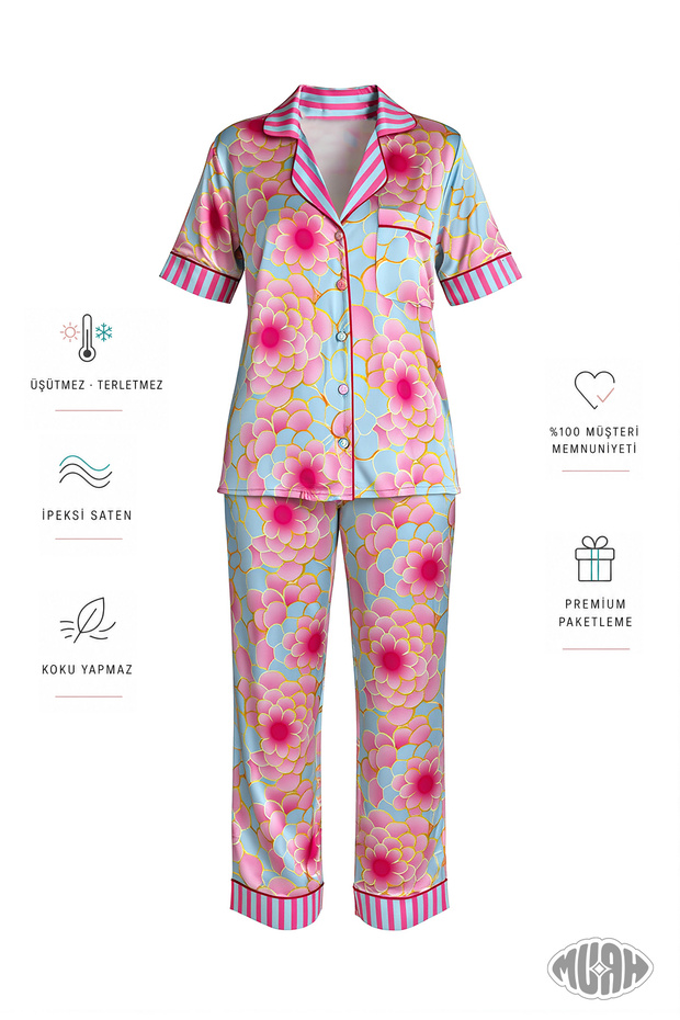 Psychedelic Flora Women`S Satin Pajama Set Large Floral Print Short Sleeve Neon