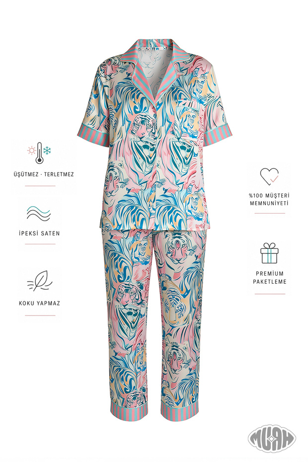 Blue Savana Women Satin Pajama Set Tiger and Zebra Patterned Short Sleeve Blue