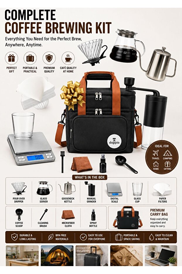 DOPPIO 12 Pcs V60 Premium Pour Over Manual Coffee Maker with Manual Grinder Dripper Set