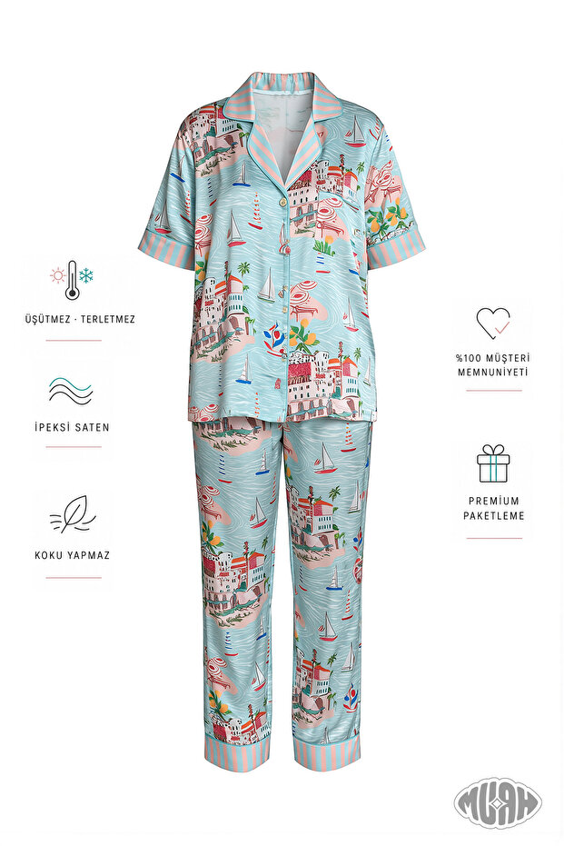 Coastal Breeze Women's Satin Pajama Set with Seaside View Short Sleeves Blue