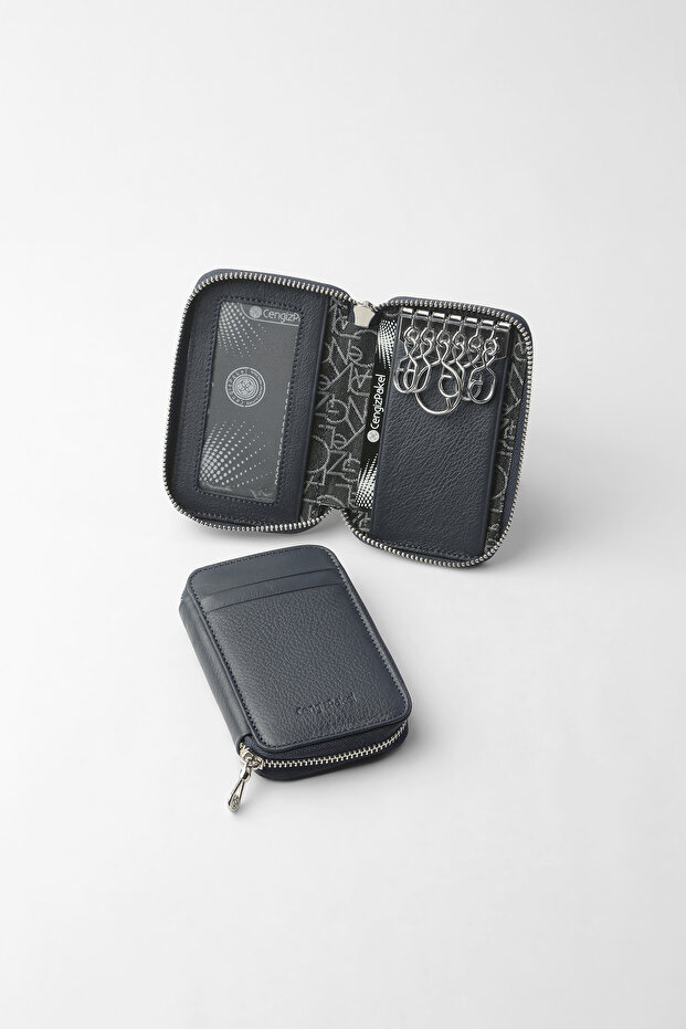 Genuine Leather Zippered Card Holder Keychain and Wallet Navy Blue – 2441