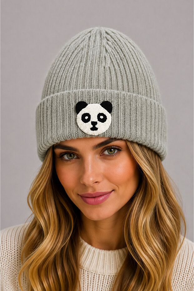 gray beret panda pattern luxury wool hat