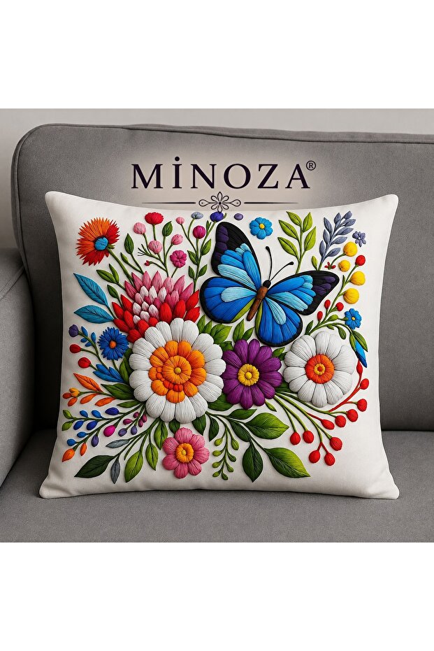 Digital Printed Punch Embroidery Look Decorative Throw Pillow Cover/ Vibrant Flowers