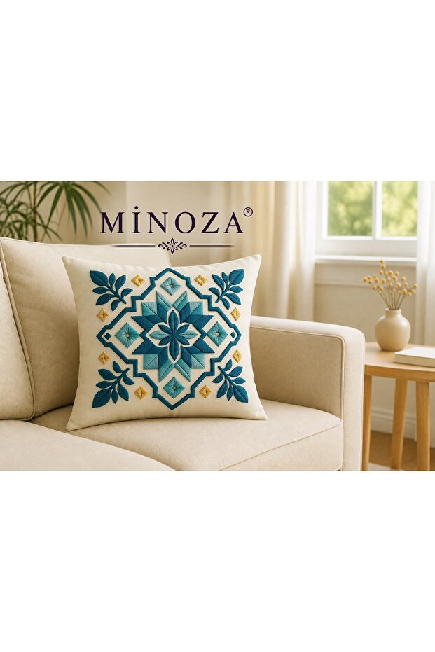 Digital Printed Punch Embroidery Patterned Blue Motif Decorative Throw Pillow Cover