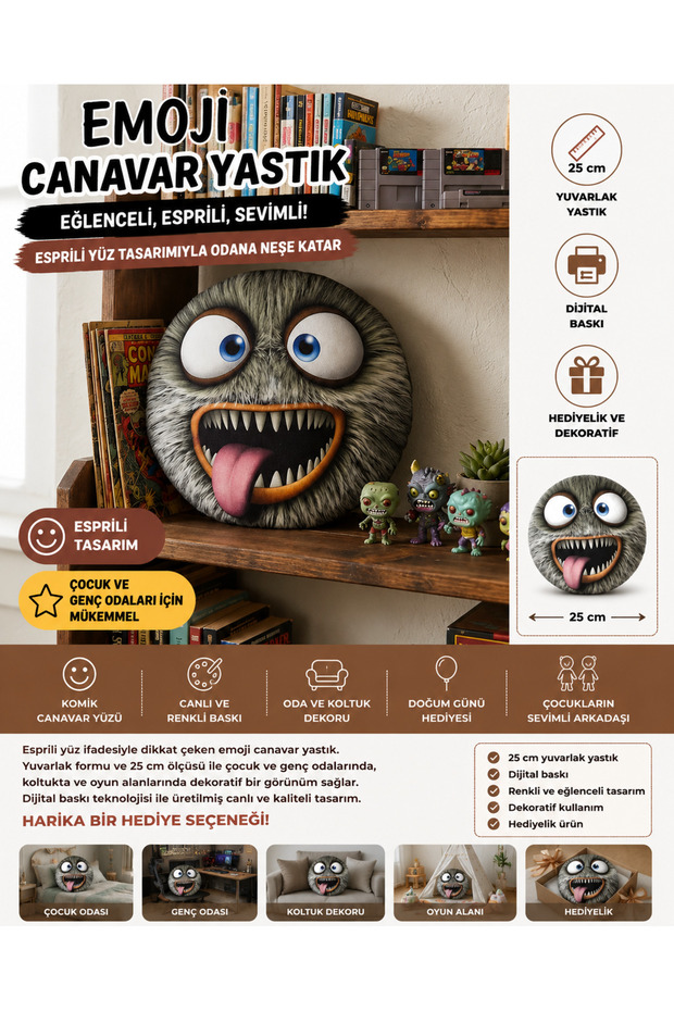 🩶 وسادة ديكور دائرية مزحةية من 'Grey Emoji Monster'، هدية مطبوعة رقميًا