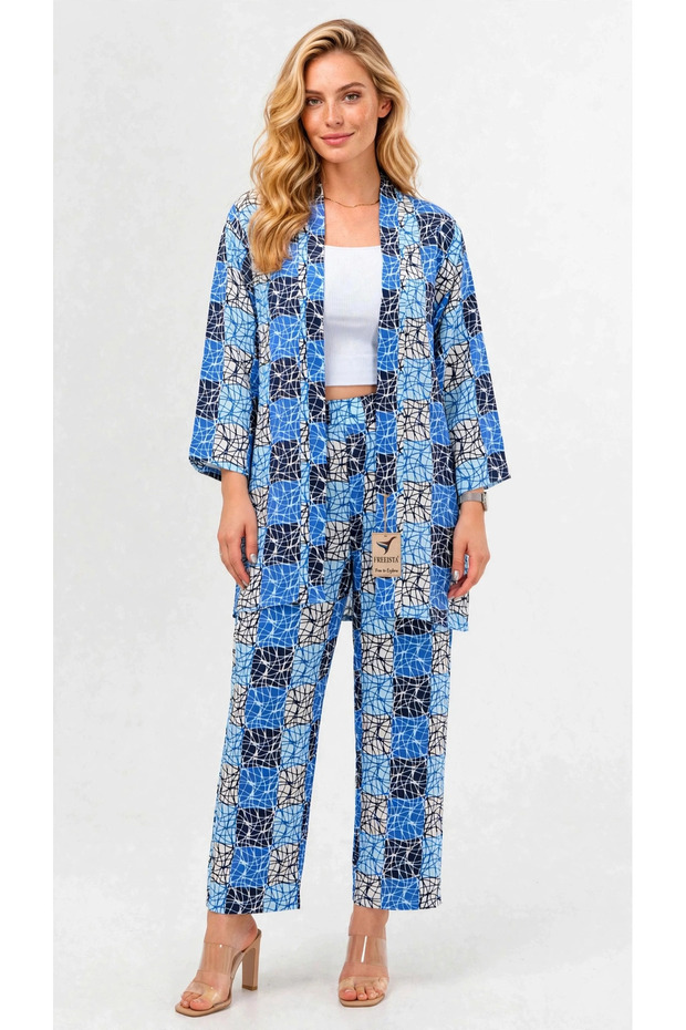 Blue Kimono and Trousers Set
