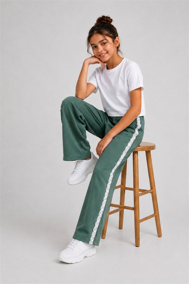 Girl's Wide Leg Loose-Fit Sweatpants with Lace Stripes on the Sides