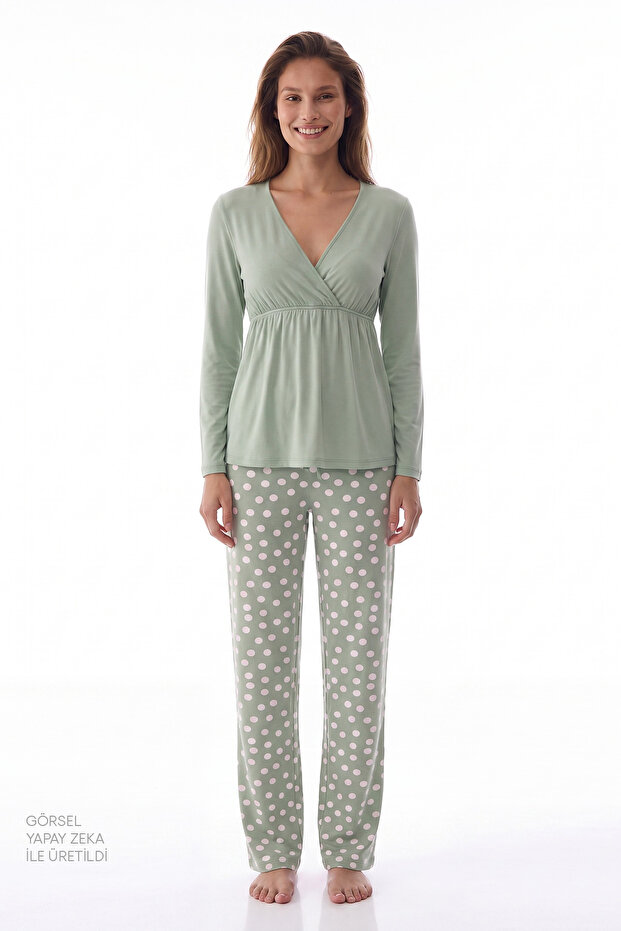 Yeşil Mama Polka Dot Patterned Long Sleeve Pants Pajama Set