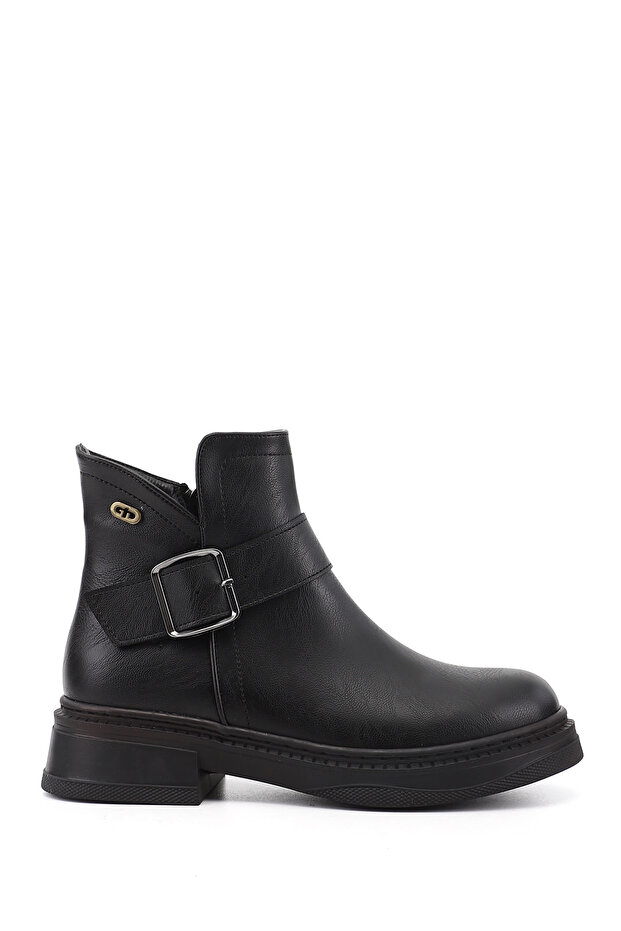 Women's Black Zippered Thick Heeled Boots