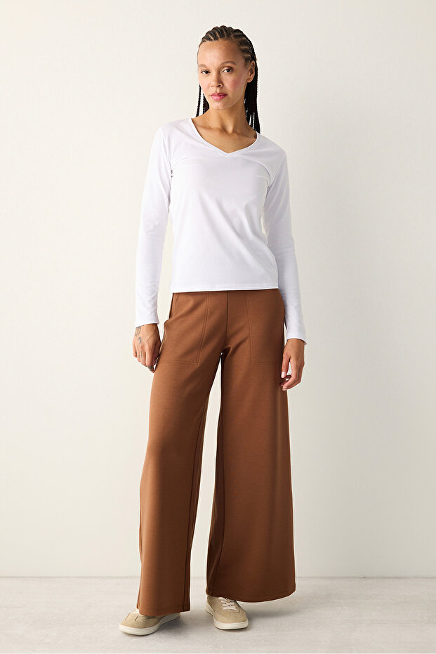 Cotton V-Neck Basic White Long Sleeve Top