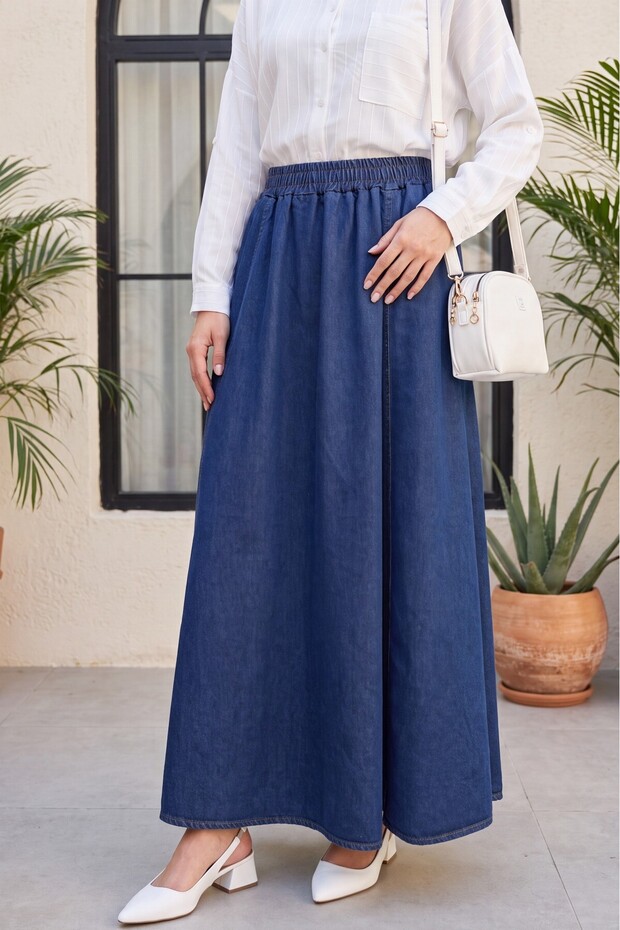 Denim Skirt with Side Pockets and Elastic Waist -Indigo