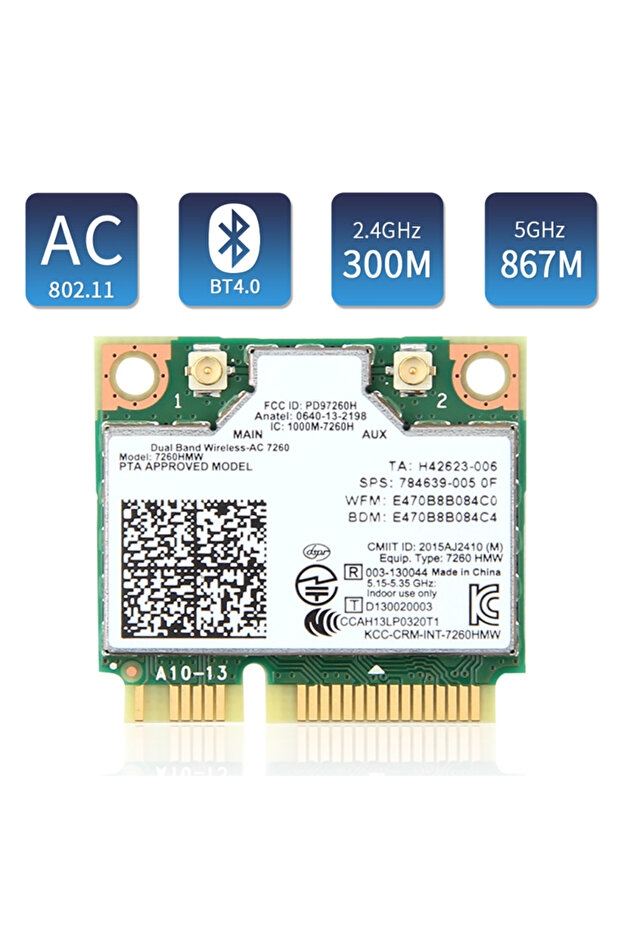 بطاقة شبكة واي فاي ثنائية النطاق 2.4 جيجاهرتز/5 جيجاهرتز بتقنية بلوتوث 4.0 من نوع Mini PCI-E، طراز 7260HMW، تدعم معيار WLAN اللاسلكي 802.11ac/a/...