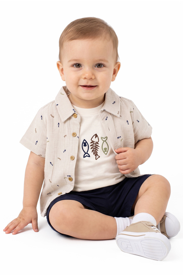 Baby Boy Beige Navy Fish Patterned Shirt and Shorts Muslin 3-Piece Set