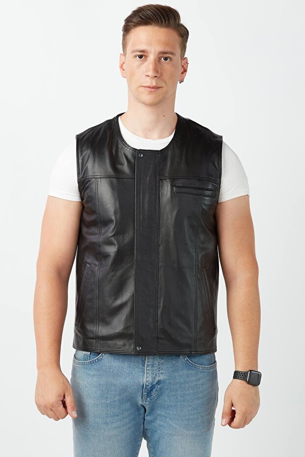 Genuine Leather Black Leather Vest with Fur Inside