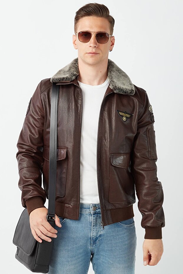 Genuine Lambskin Embroidered Pilot Men's Coat Brown