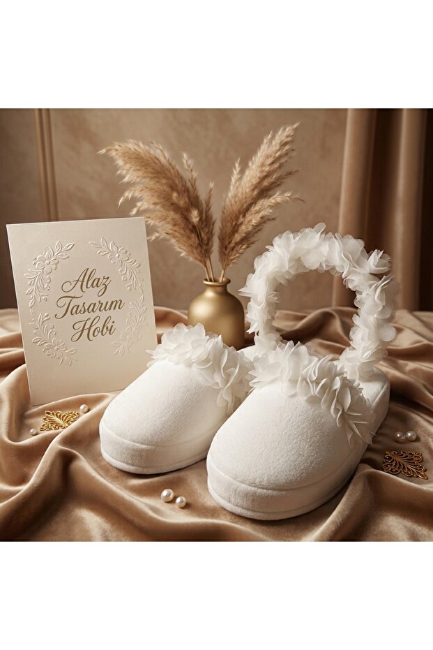 White Chiffon Floral Maternity Crown and Slippers Set | Non-Slip Sole Postpartum Maternity Set